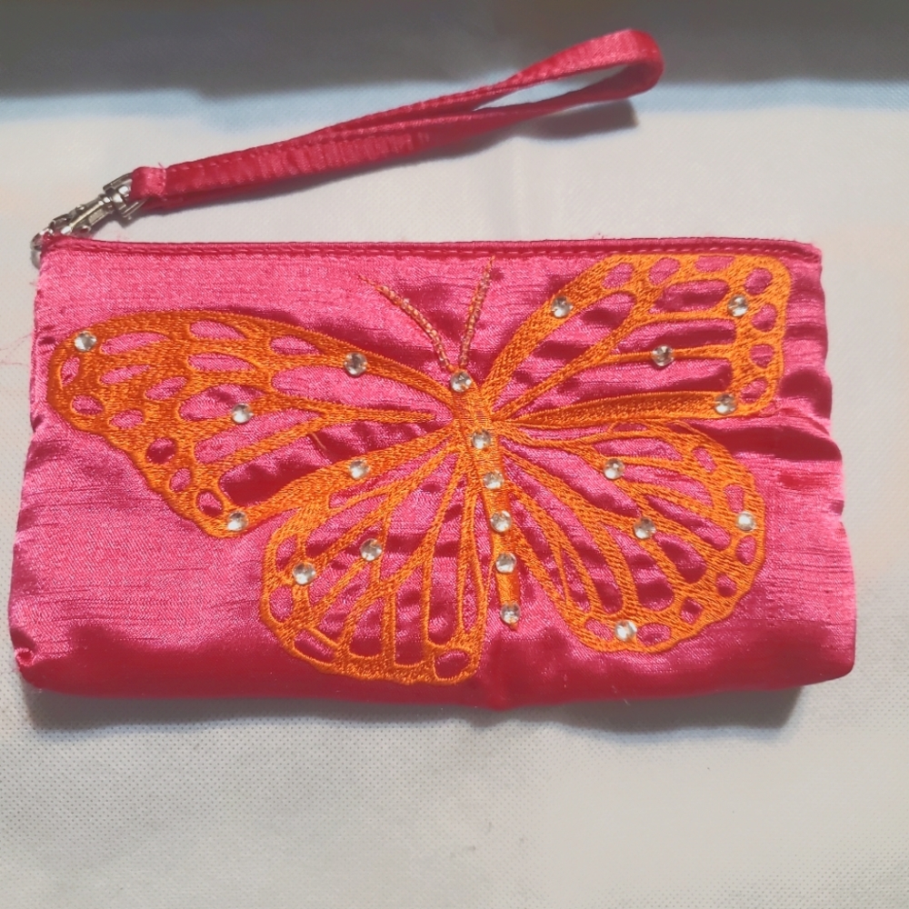 Y2k Embroidered butterfly satin clutch change purse beaded festival bag
